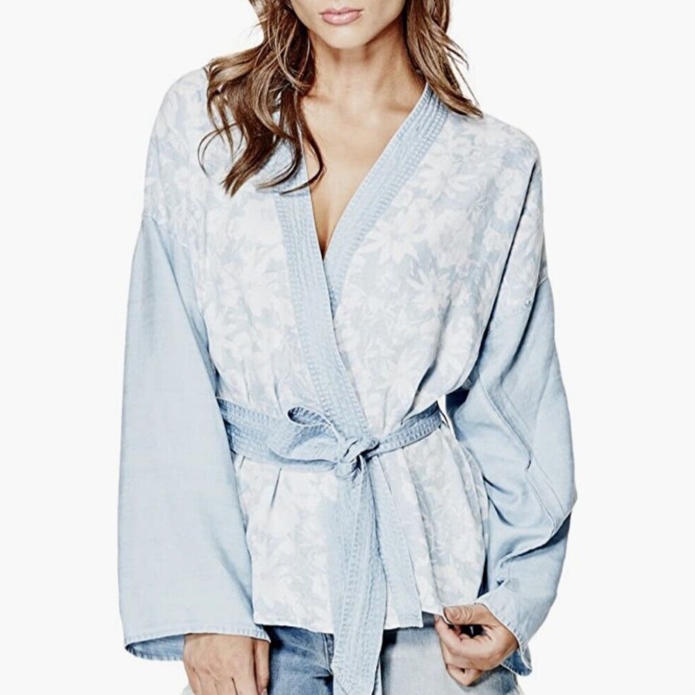 Guess Blue Floral Denim Chambray Kimono